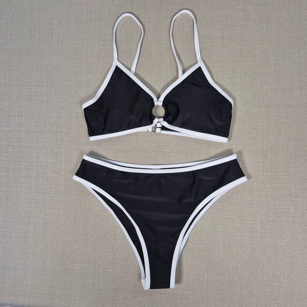 Black and White Ring Detail Two Piece Bikini Set Size Small